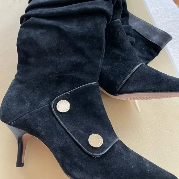 Michael Kors black suede with leather trimmed knee high mid heel boots. - Picture 4 of 6